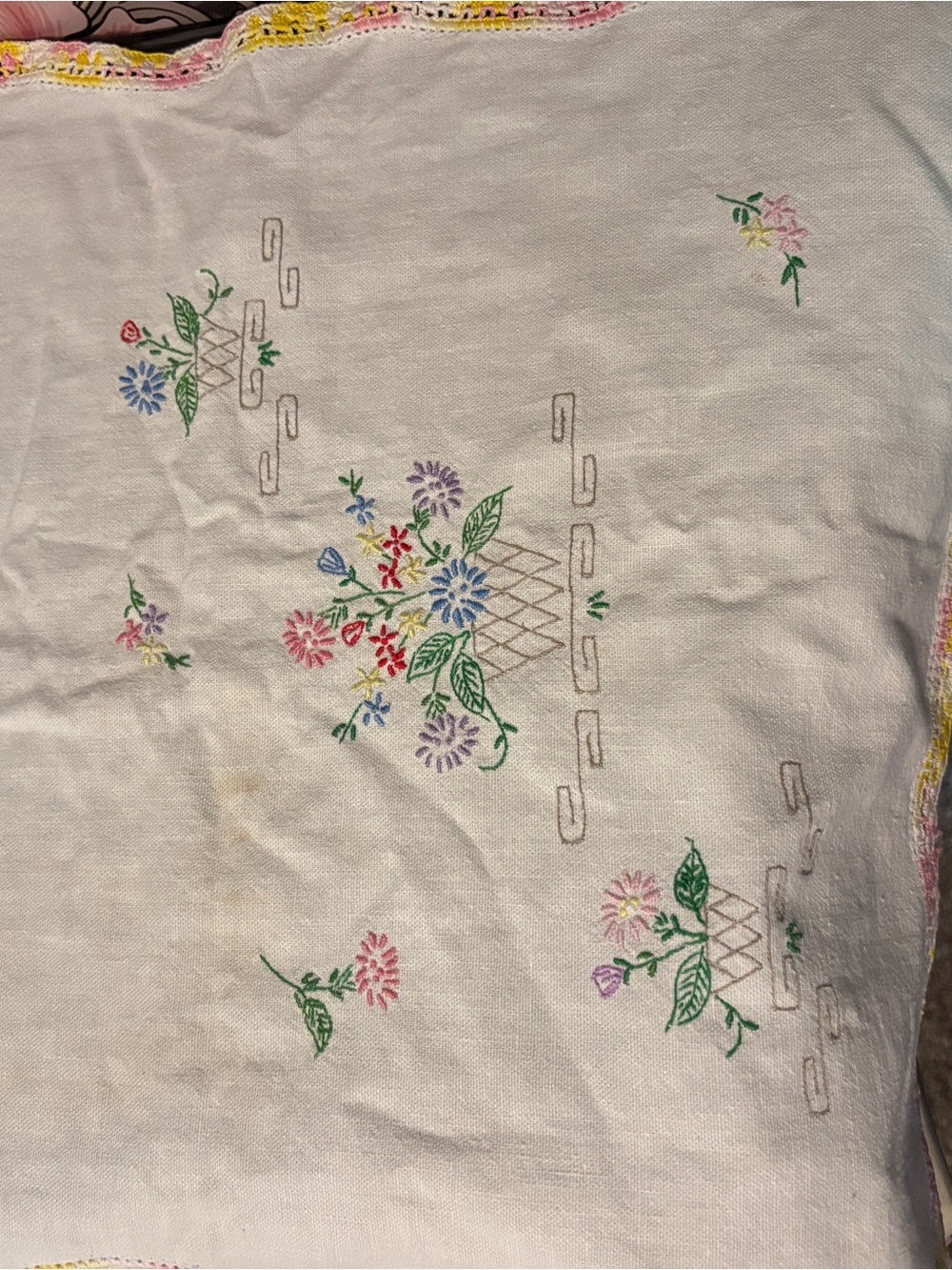 Embroidered Cream Linen Table Runner with Pink Floral Trim - Picture 2 of 5